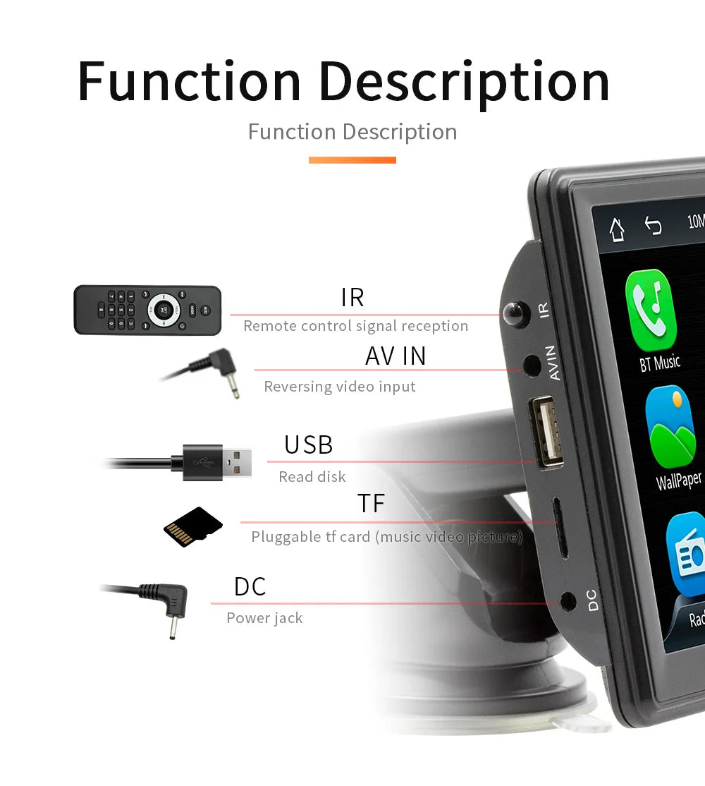 BQCC 7" HD Universal Car MP5 Portable Car Player Wireless Carplay Android Auto Mirrorlink BT USB SD FM transmission car stereo