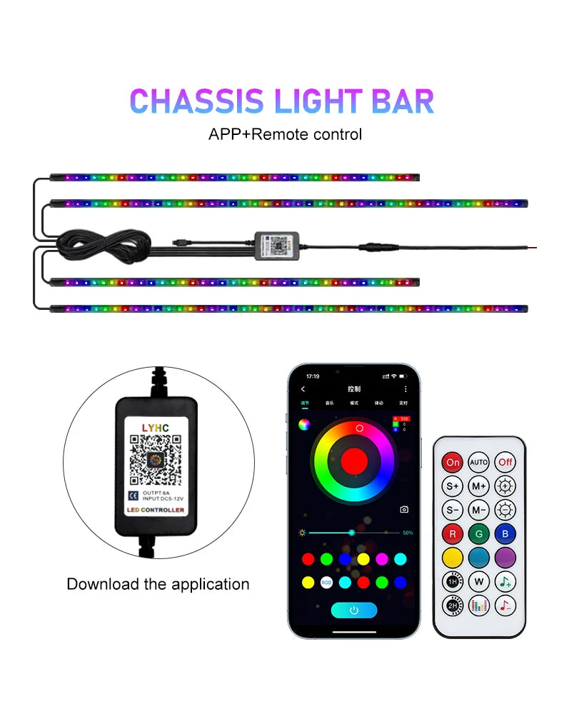 Car Flexible Underglow Strip Light LED Underbody Remote APP Remote Control RGB Neon Lights Atmosphere Lamp for Auto Decoration