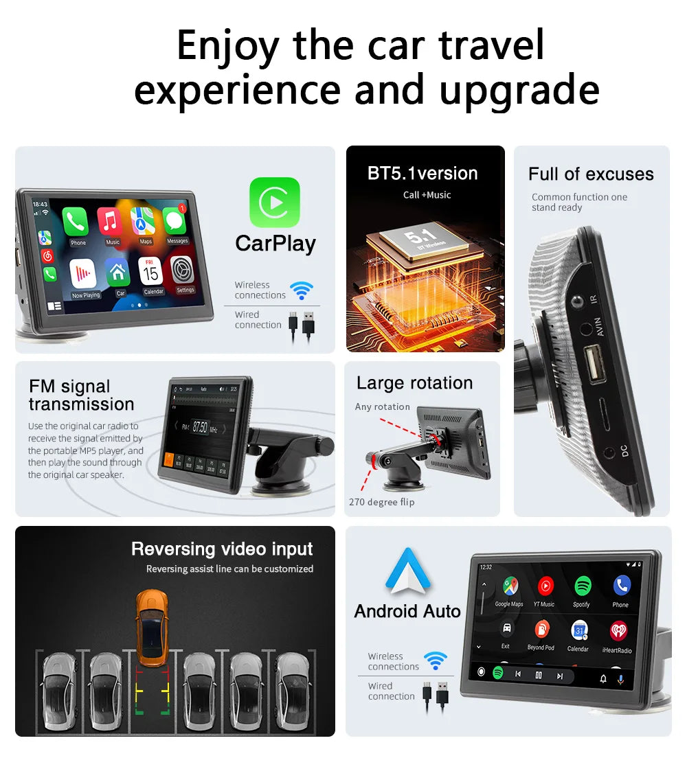 BQCC 7" HD Universal Car MP5 Portable Car Player Wireless Carplay Android Auto Mirrorlink BT USB SD FM transmission car stereo