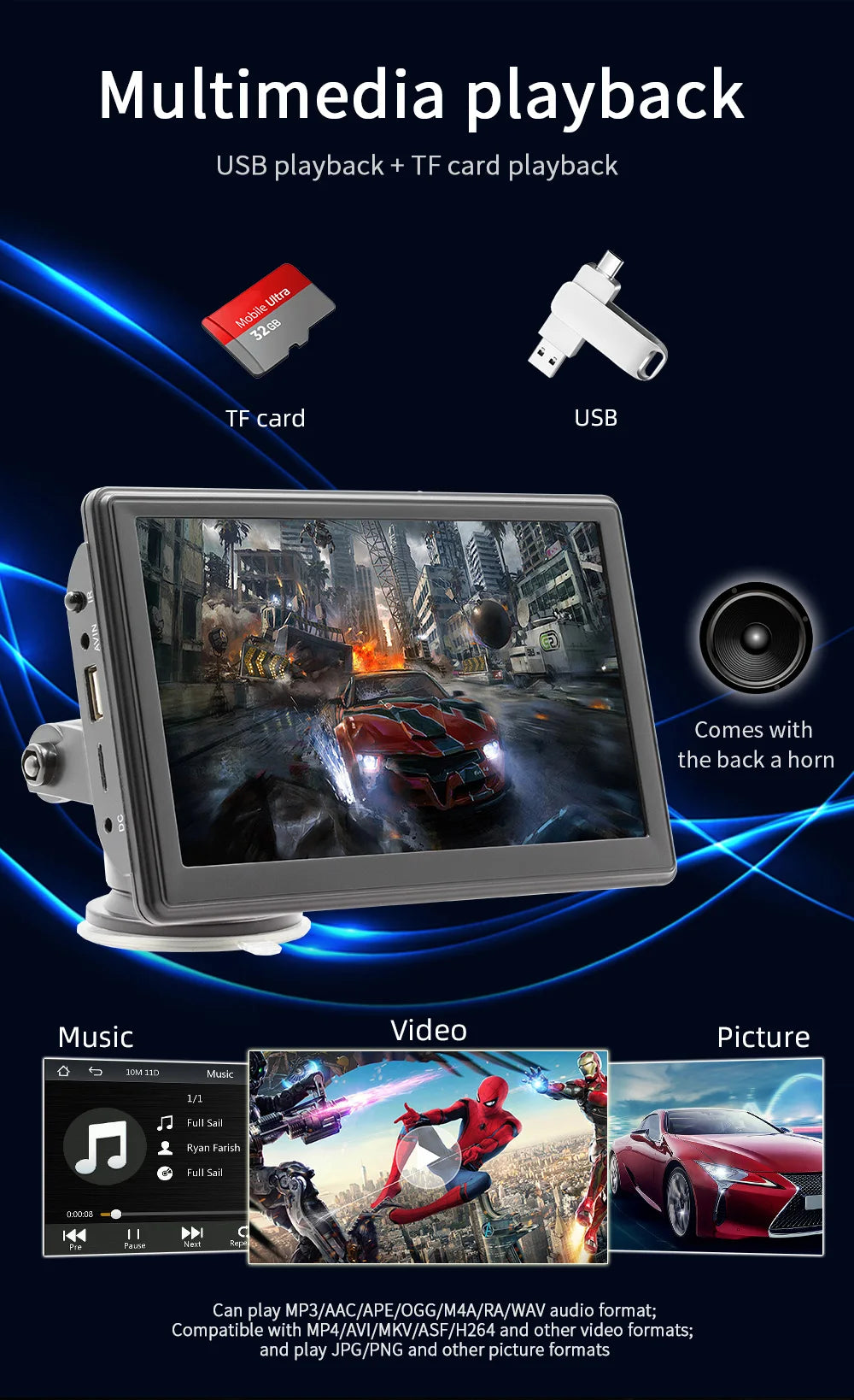 BQCC 7" HD Universal Car MP5 Portable Car Player Wireless Carplay Android Auto Mirrorlink BT USB SD FM transmission car stereo
