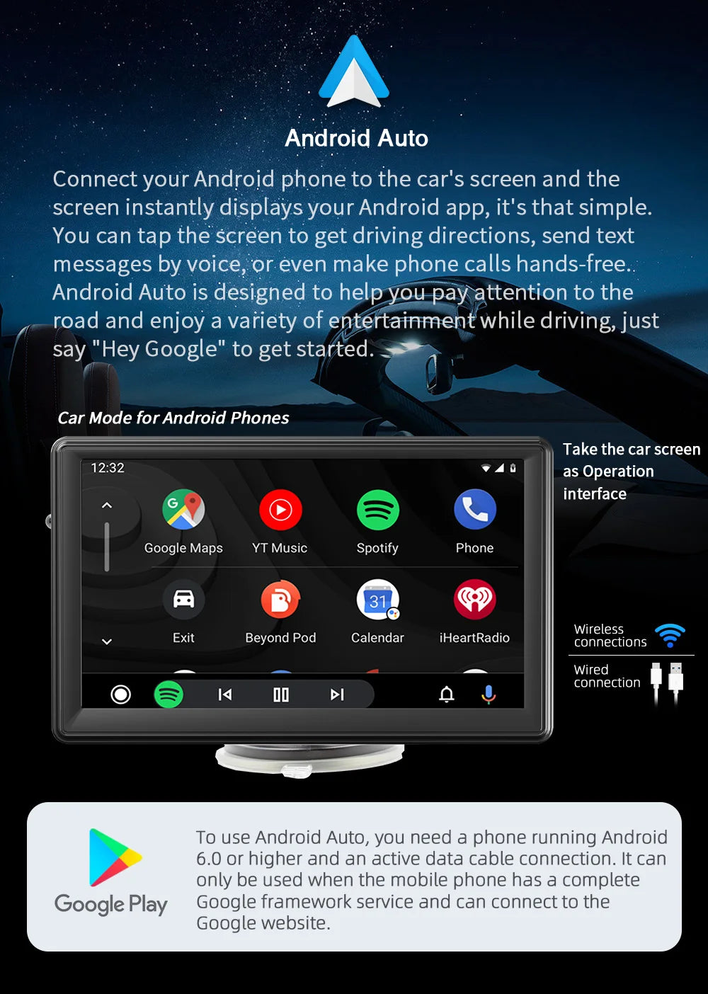BQCC 7" HD Universal Car MP5 Portable Car Player Wireless Carplay Android Auto Mirrorlink BT USB SD FM transmission car stereo